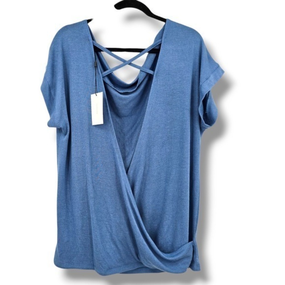 New Halston Studio Open Back Top Criss Cross Drape Front Blue Size‎ L